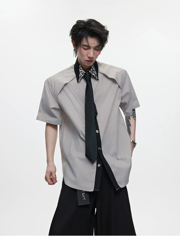Argue Culture Rhinestone Stripe Tie-Collar Shirt - product detail view 2