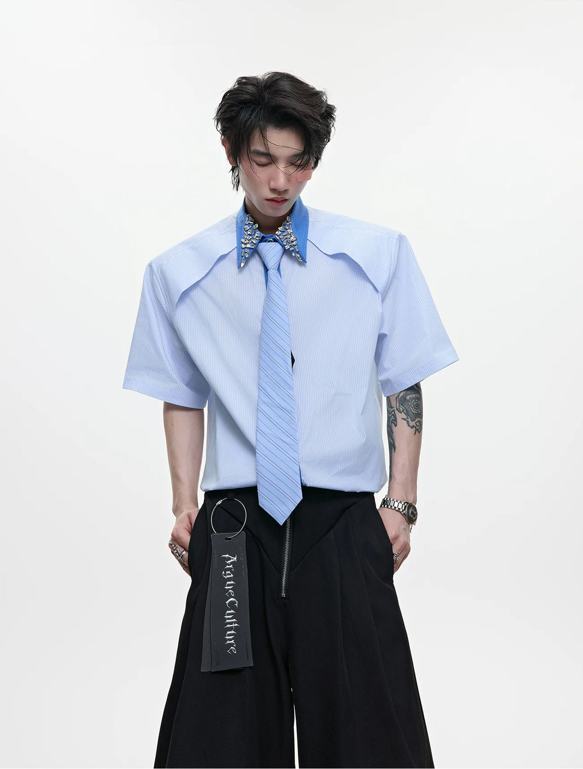 Argue Culture Rhinestone Stripe Tie-Collar Shirt - product detail view 4