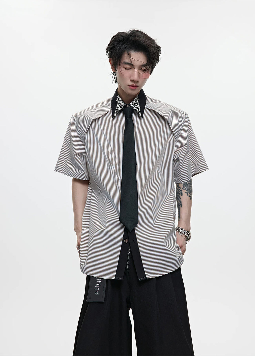 Argue Culture Rhinestone Stripe Tie-Collar Shirt - product detail view 5