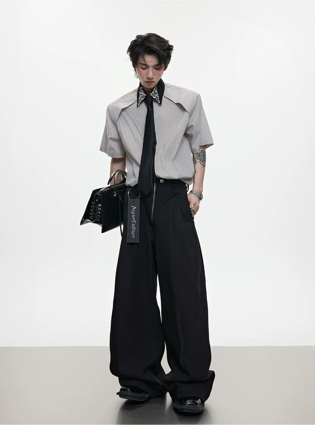Argue Culture Rhinestone Stripe Tie-Collar Shirt - product detail view 7