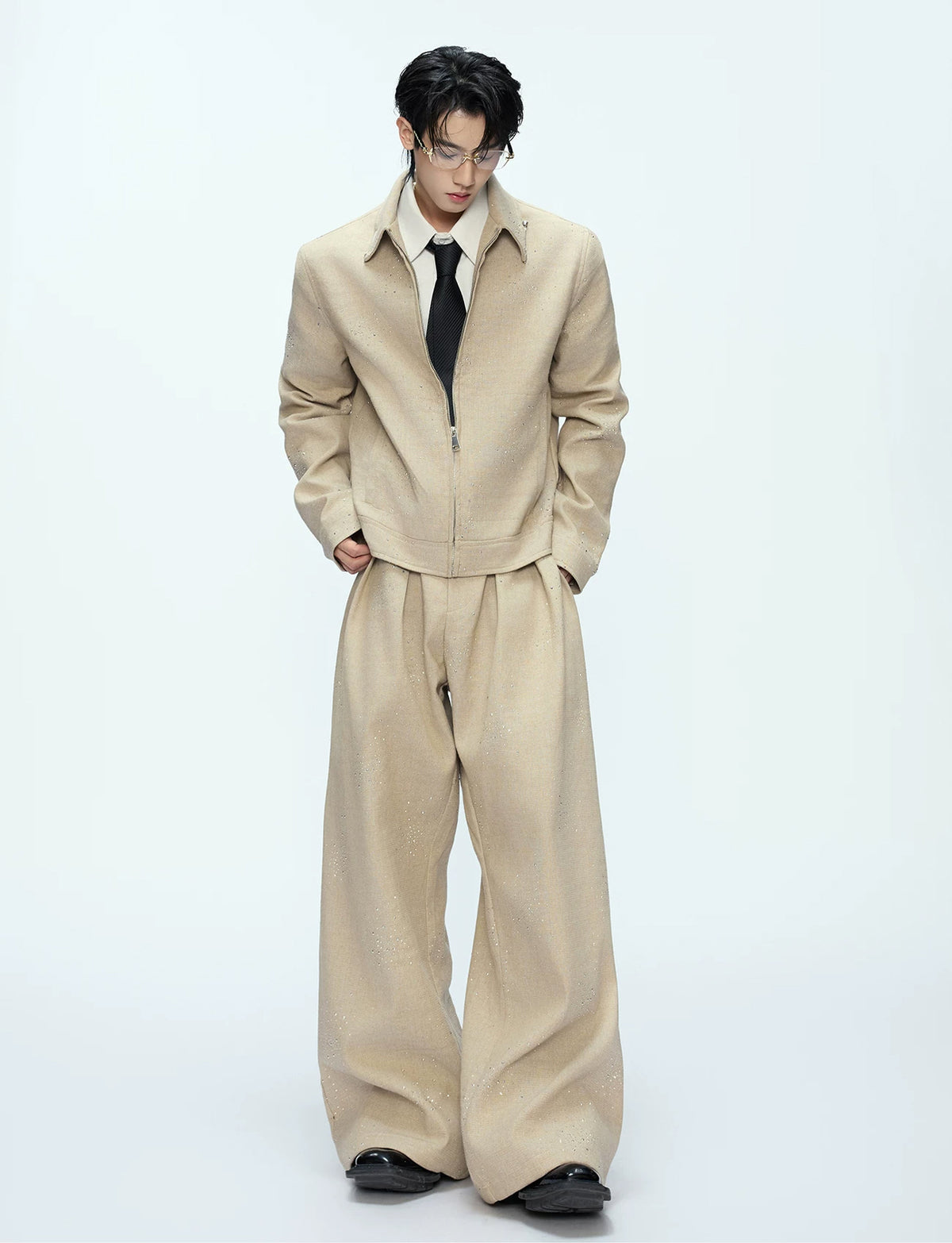 Argue Culture Rhinestone Shimmer Cropped Jacket and Wide-Leg Pants Set - product detail view 2