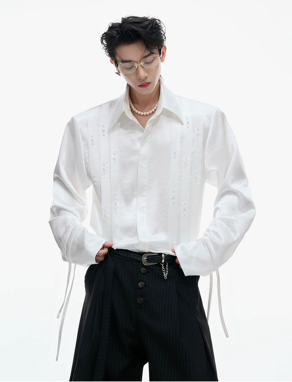 Argue Culture Pearl-Trim Tie-Neck Pleated Shirt - product detail view 3