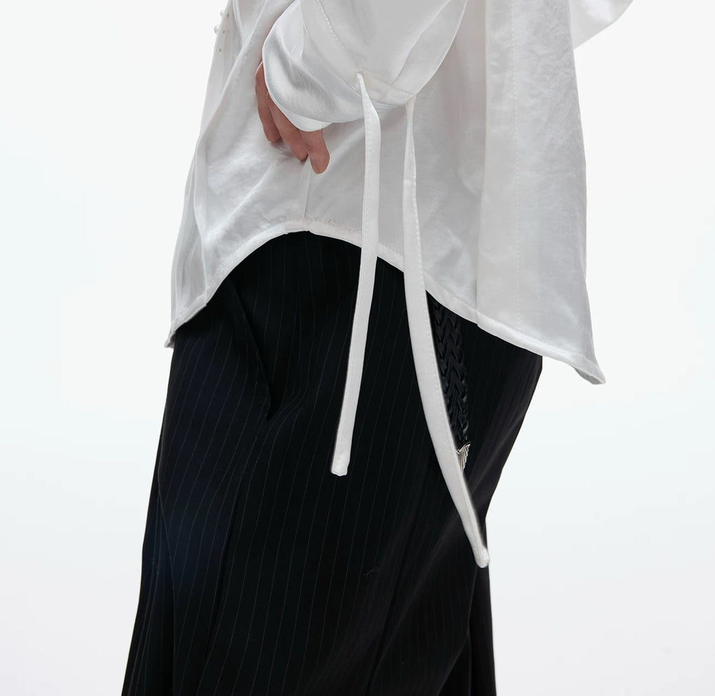 Argue Culture Pearl-Trim Tie-Neck Pleated Shirt - product detail view 4