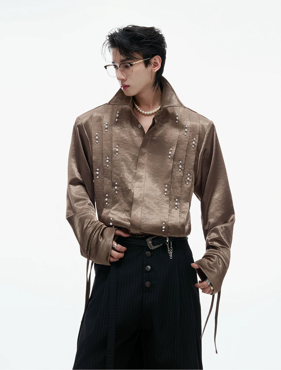 Argue Culture Pearl-Trim Tie-Neck Pleated Shirt - product detail view 5