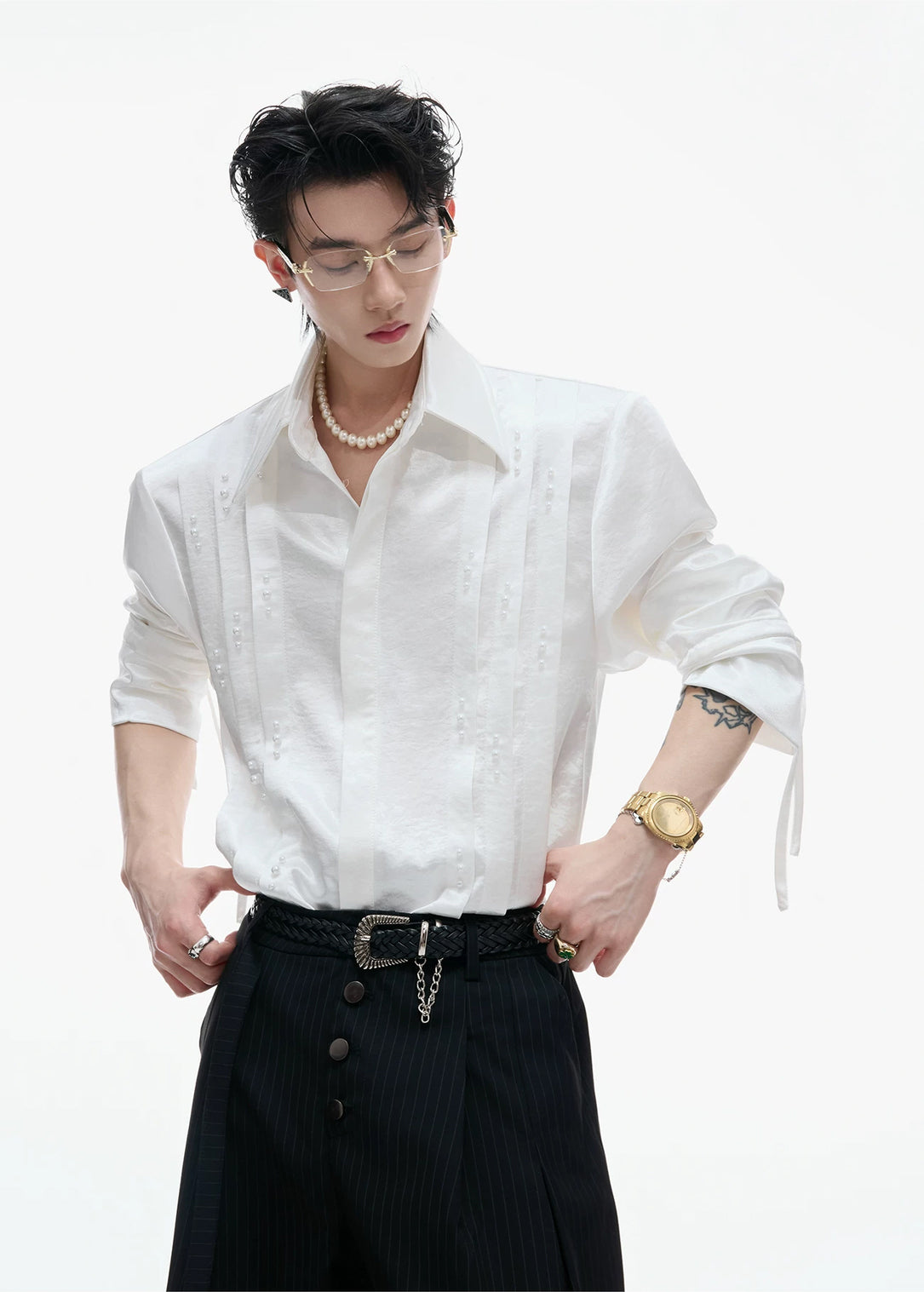 Argue Culture Pearl-Trim Tie-Neck Pleated Shirt - product detail view 6