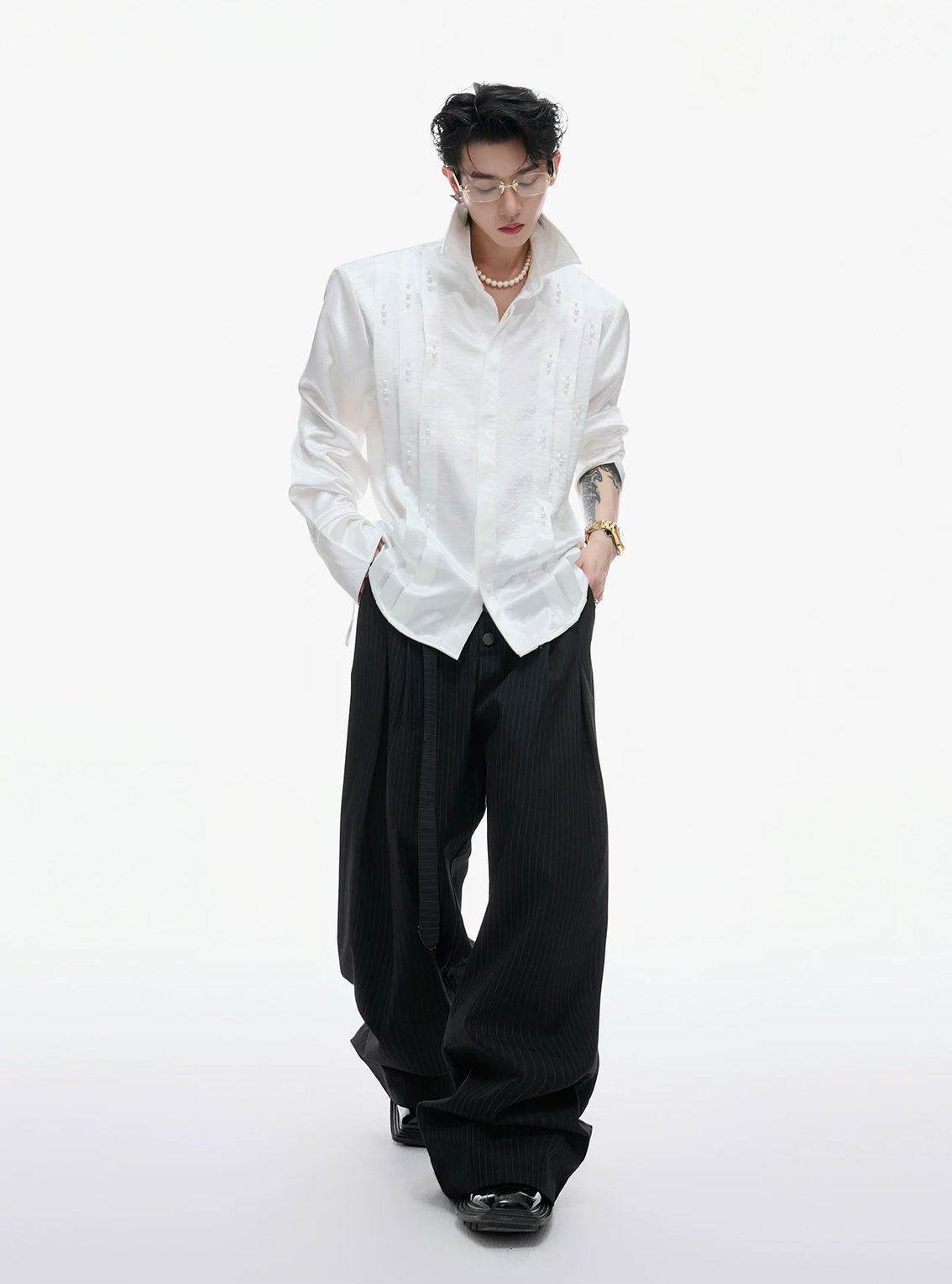 Argue Culture Pearl-Trim Tie-Neck Pleated Shirt - product detail view 8