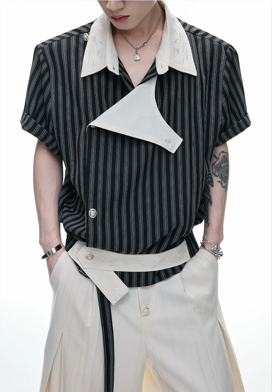 Embroidered Asymmetric Stripe Shirt Set 서브 이미지
