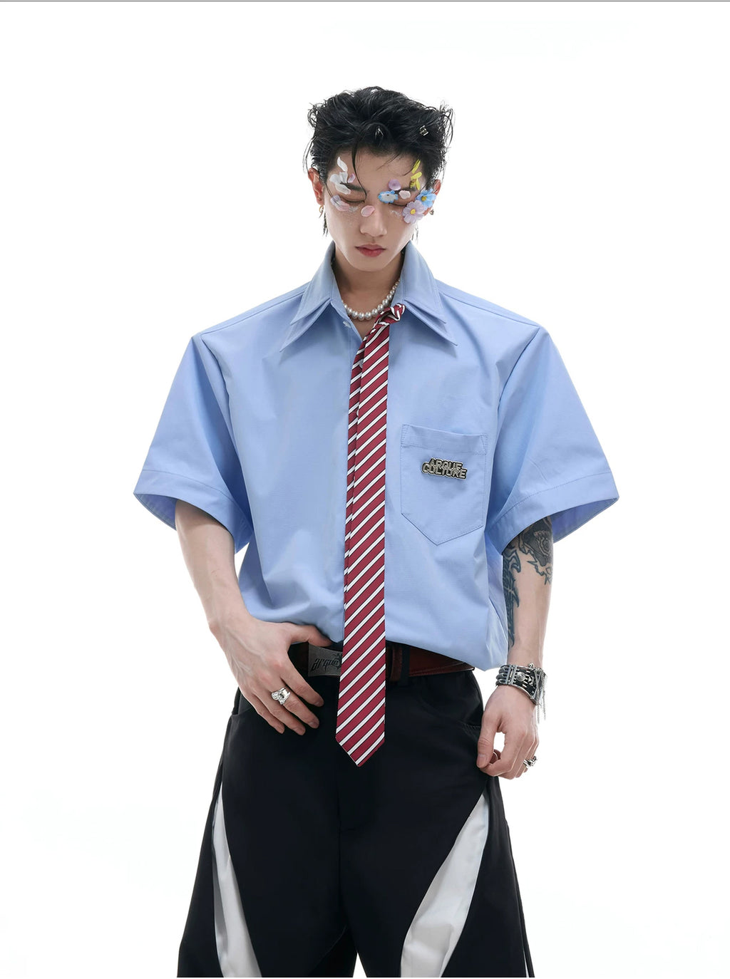 Argue Culture Layered Tie-Collar Short-Sleeve Shirt - product detail view 5