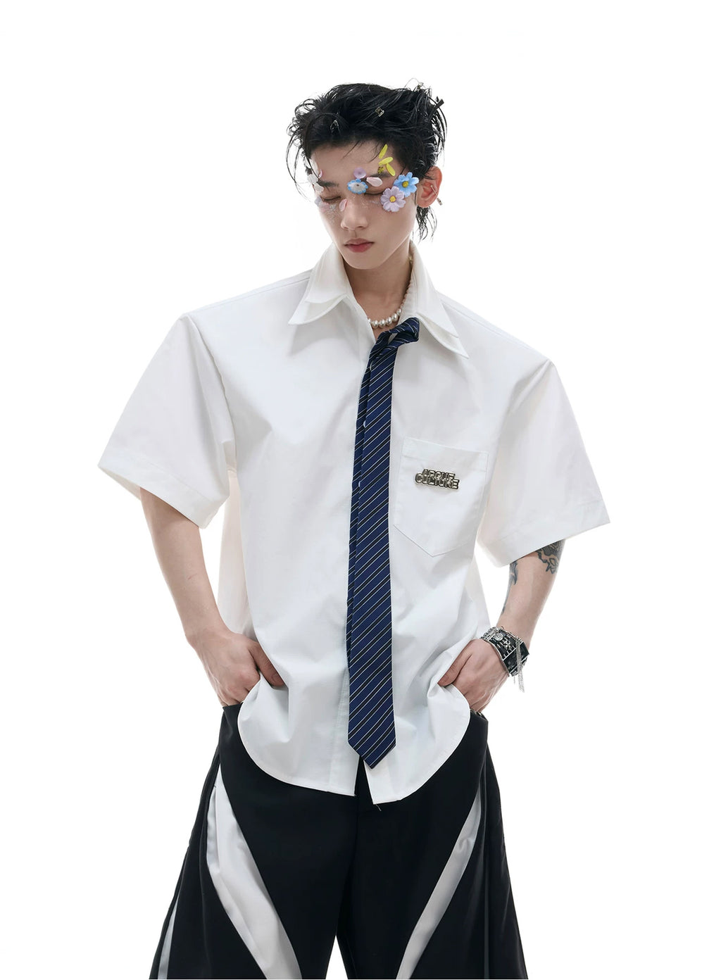 Argue Culture Layered Tie-Collar Short-Sleeve Shirt - product detail view 7