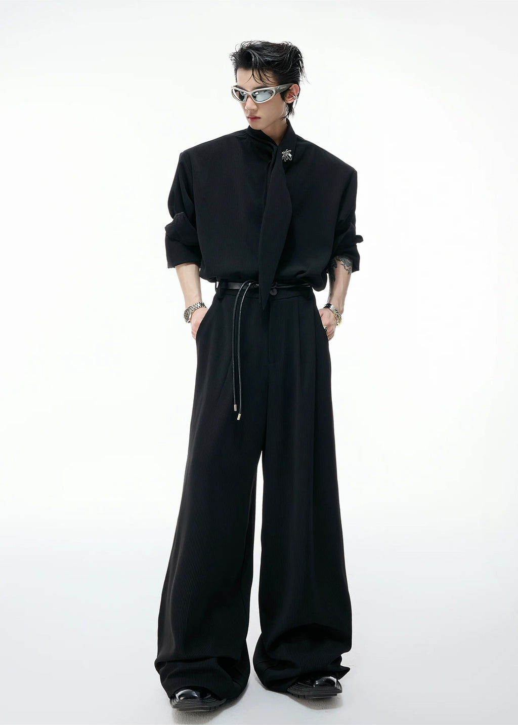 Argue Culture Tie-Neck Padded-Shoulder Shirt and Ribbed Pants Set - product detail view 7