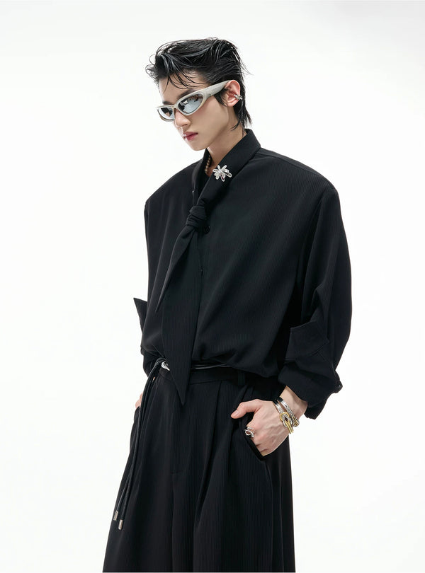 Argue Culture Tie-Neck Padded-Shoulder Shirt and Ribbed Pants Set - product detail view 10
