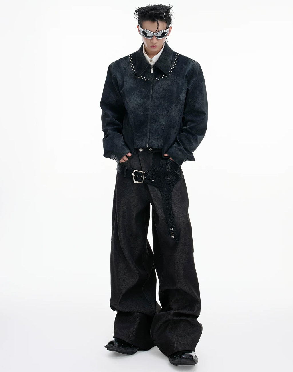 Croc-Trim Straight-Leg Tailored Pants — Black — styling view 2