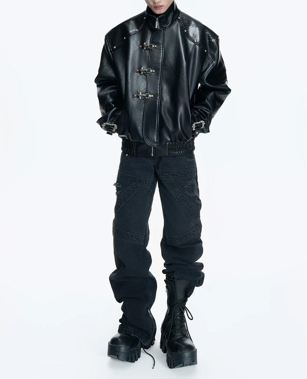 Contrast-Lined Flight-Buckle Jacket — Black - Top — styling view 1