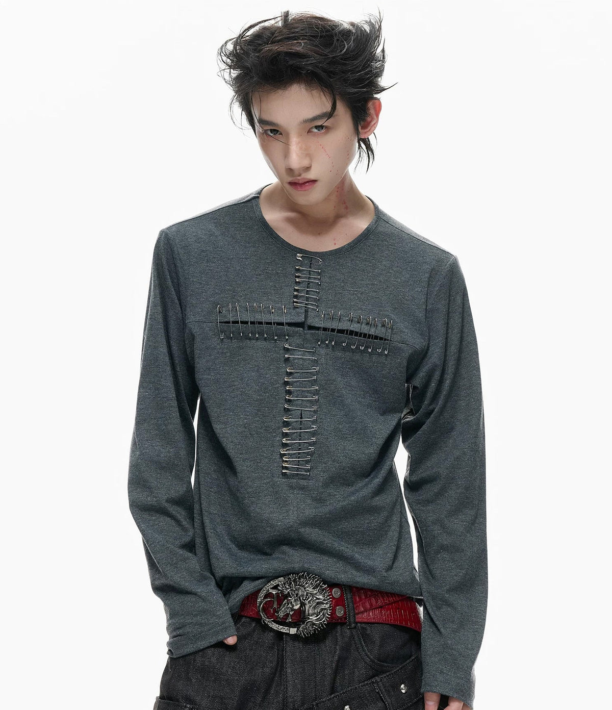 Cross-Pin Henley Long-Sleeve Top — Gray - Top — styling view 1 메인 이미지