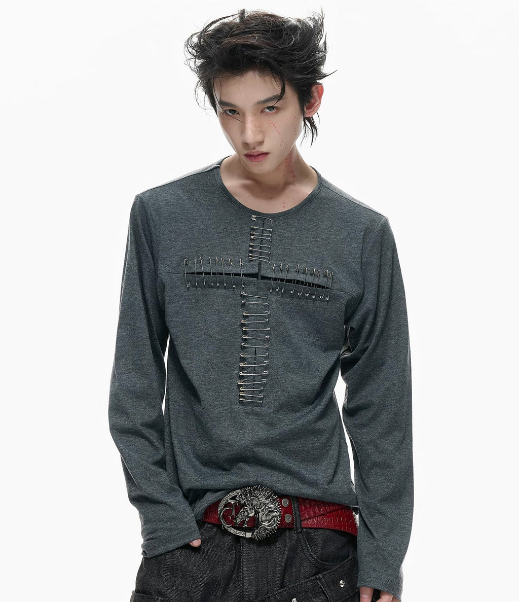 Cross-Pin Henley Long-Sleeve Top — Gray - Top — styling view 1