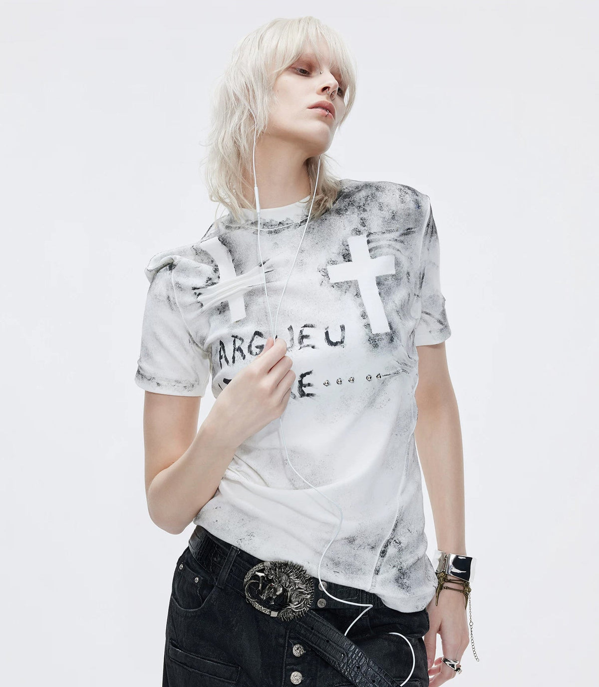Distressed Cross Studded Fitted T-Shirt — White — styling view 1