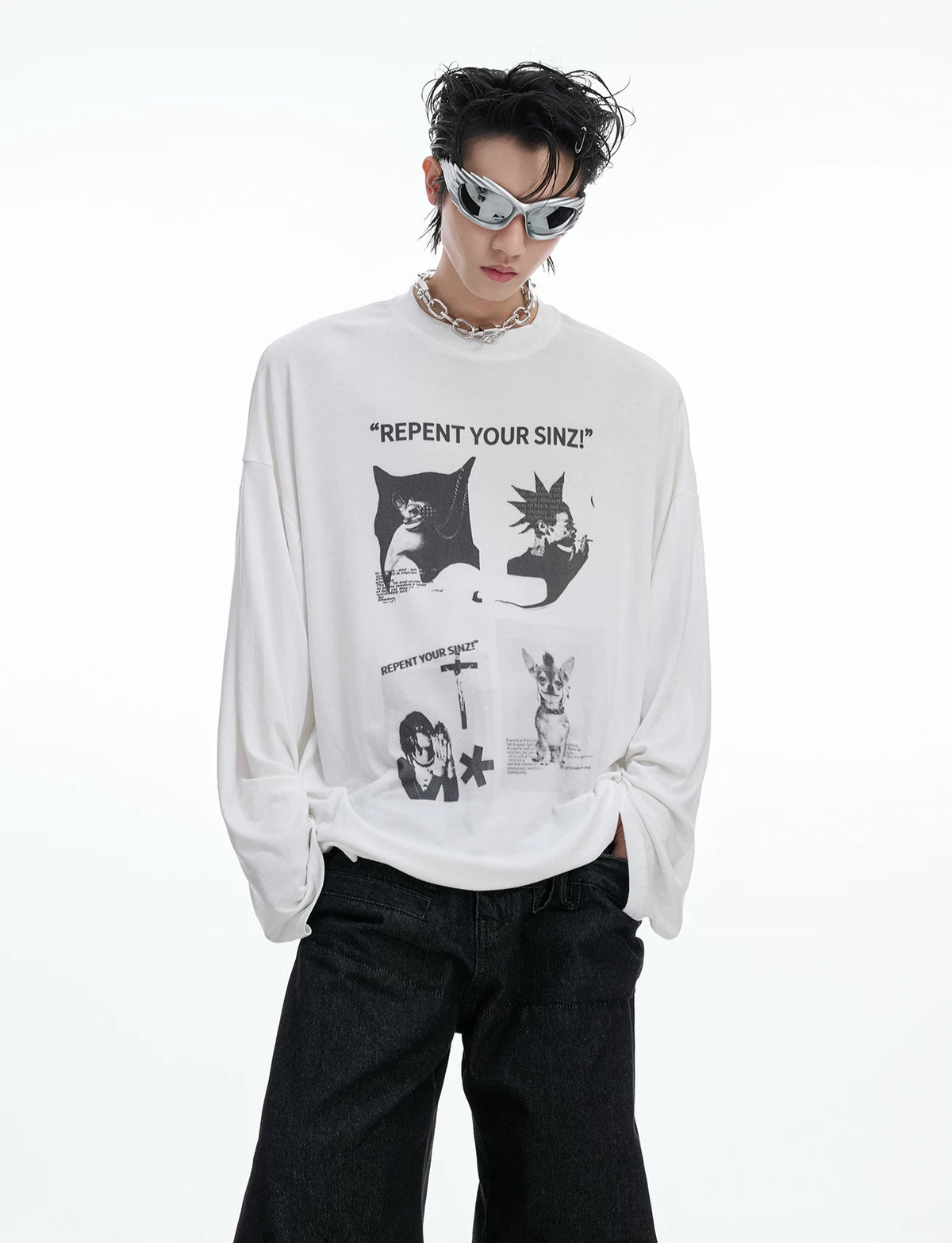Art-Print Relaxed Long-Sleeve T-Shirt — White — styling view 1
