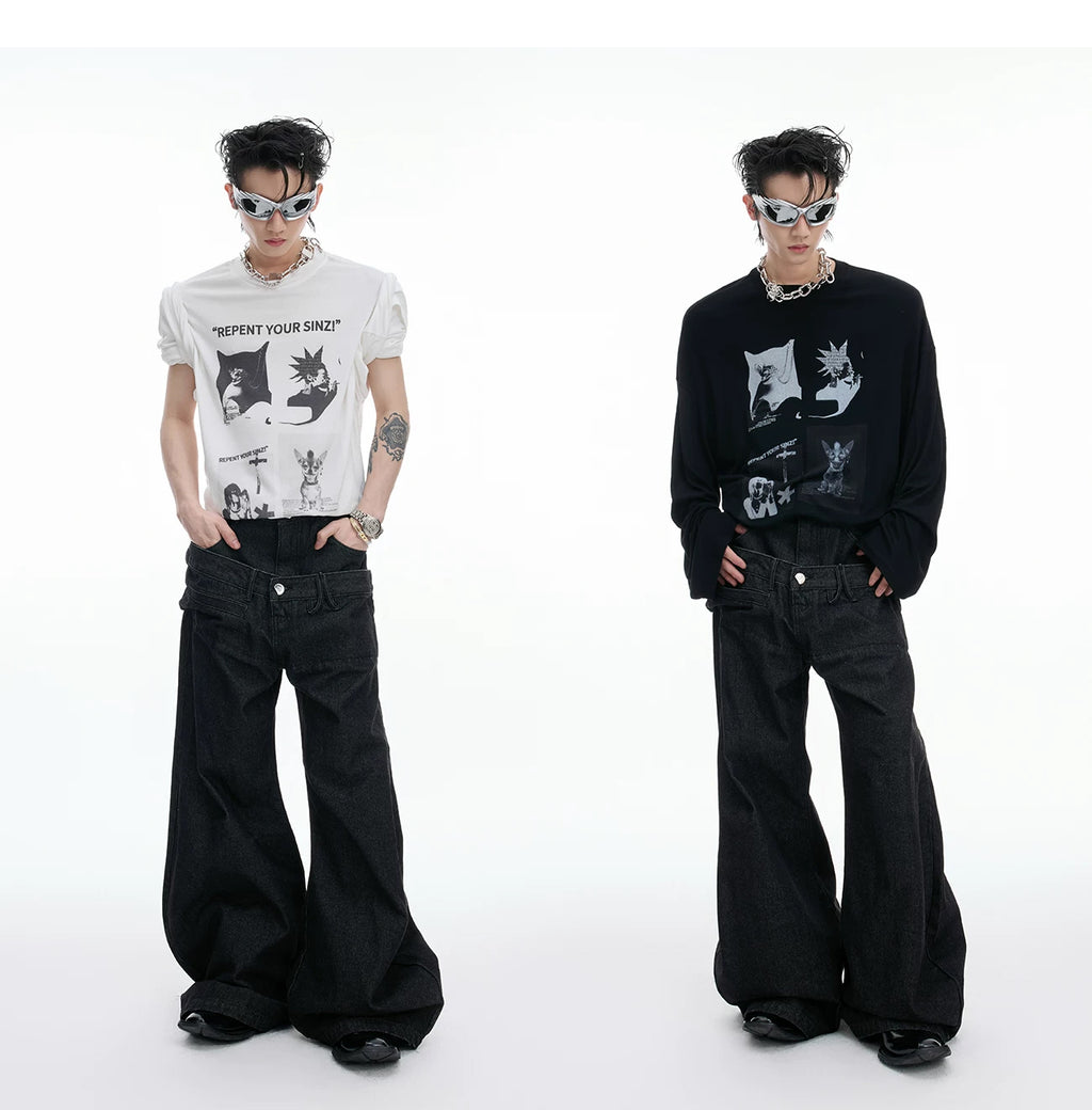Art-Print Relaxed Long-Sleeve T-Shirt — Black / White — styling