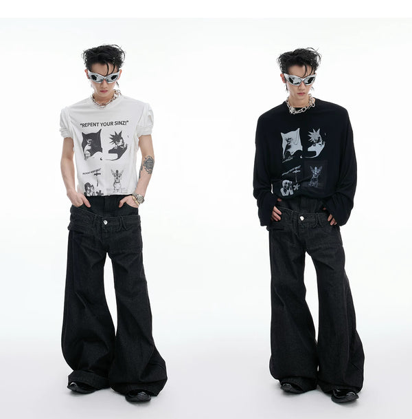 Art-Print Relaxed Long-Sleeve T-Shirt — Black / White — styling