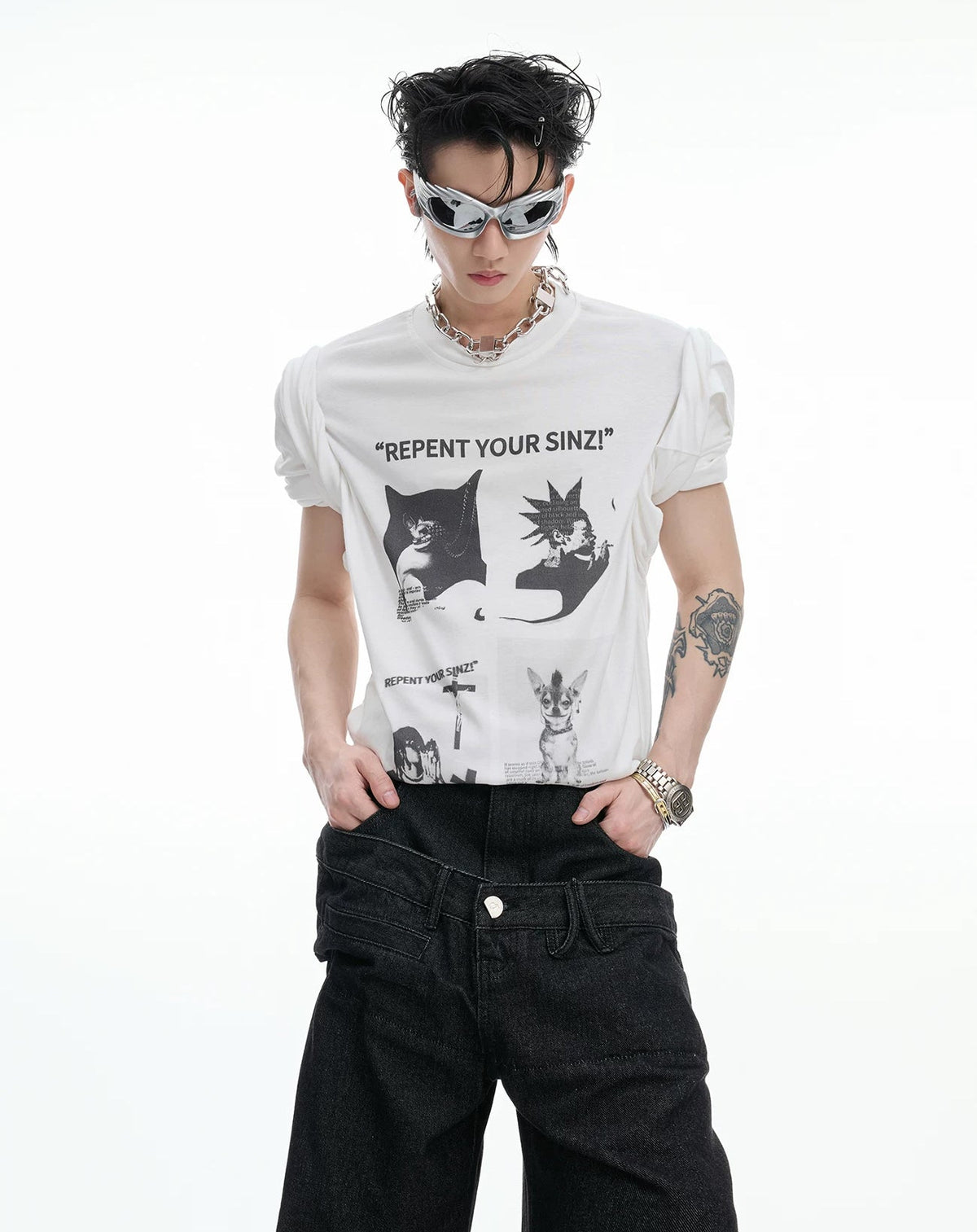 Art-Print Relaxed Long-Sleeve T-Shirt — White — styling view 3
