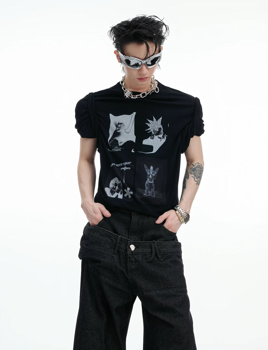 Art-Print Relaxed Long-Sleeve T-Shirt — Black — styling view 3