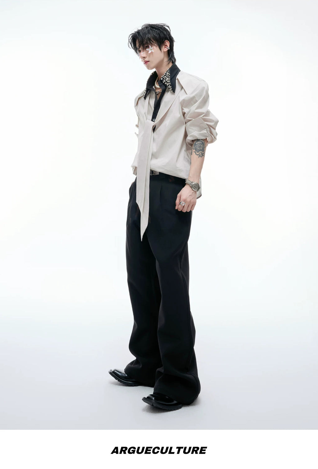 Rhinestone-Collar Contrast-Panel Shirt — Khaki - Top — styling view 3