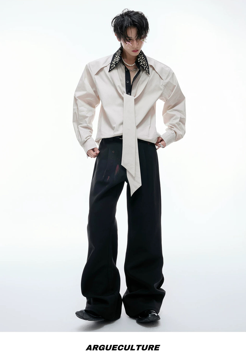 Rhinestone-Collar Contrast-Panel Shirt — Khaki - Top — styling view 4