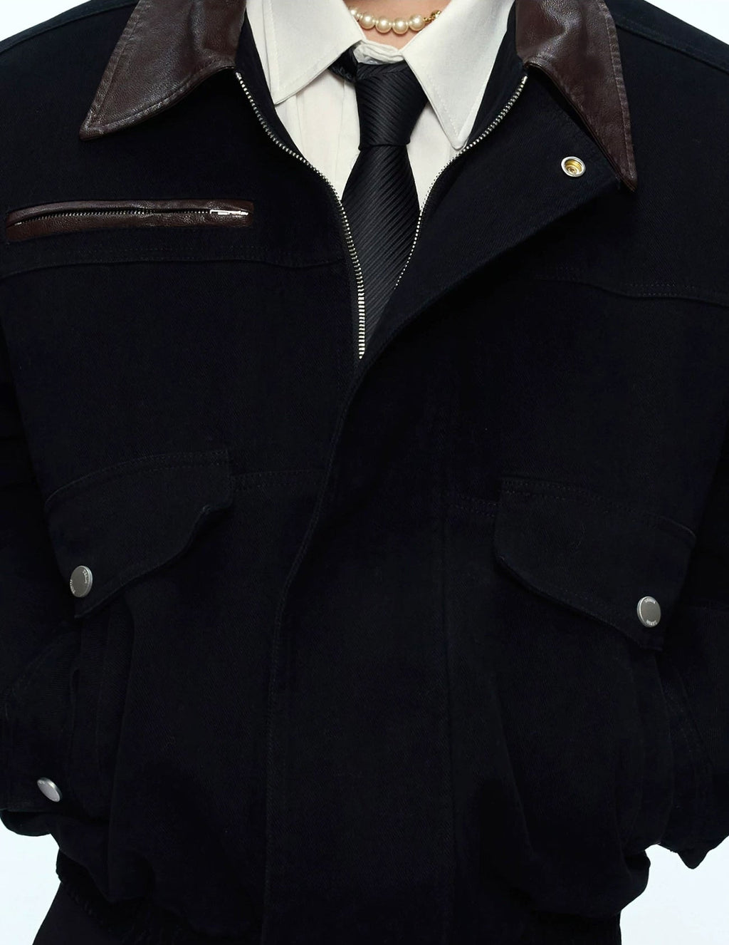 Contrast-Collar Utility-Pocket Jacket — Black - Top — detail