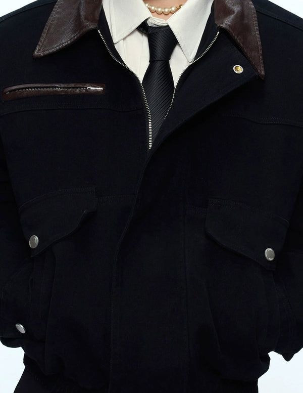 Contrast-Collar Utility-Pocket Jacket — Black - Top — detail