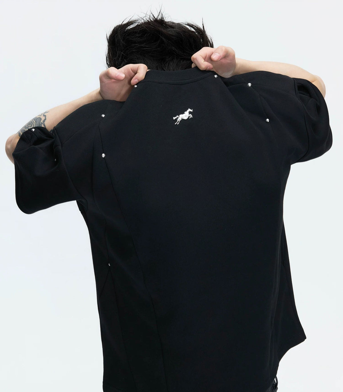 Studded Deconstructed Boxy T-Shirt — Black - Top — detail