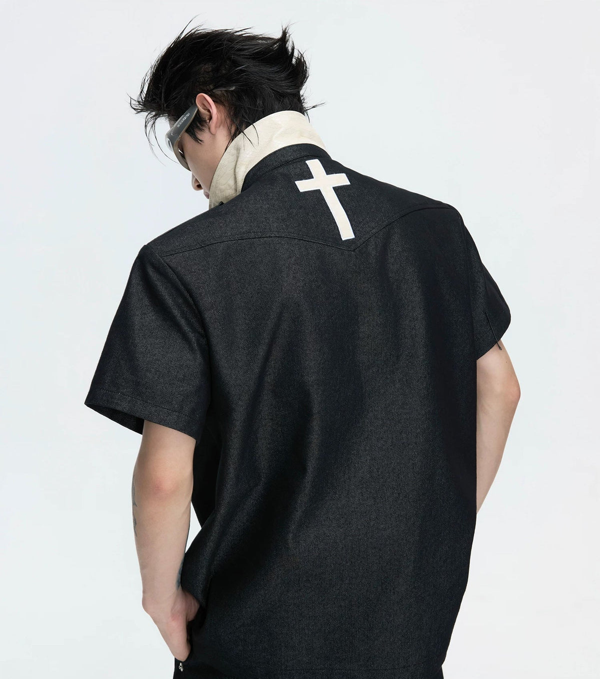 Double-Breasted Contrast-Collar Polo Set — Black - Top — back view 1