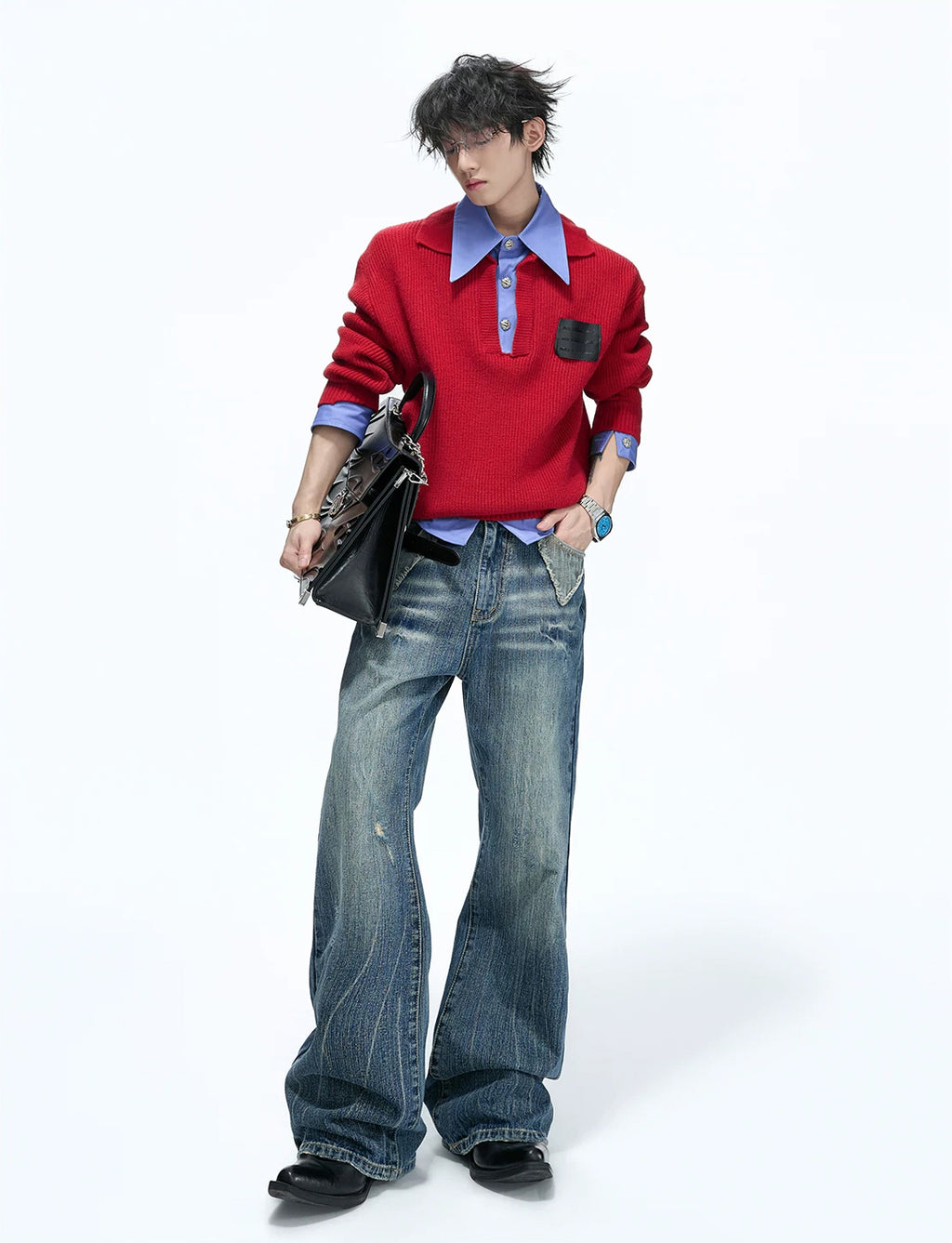 Distressed Flared Jeans — Blue - Pants — styling view 1