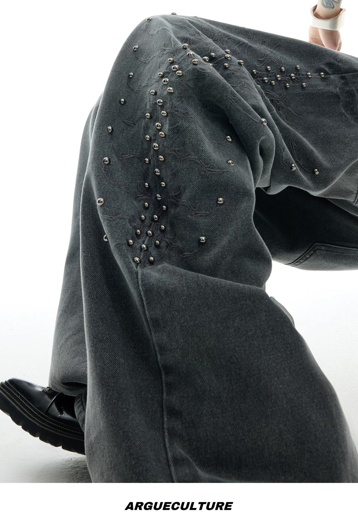 Studded Spine-Panel Washed Jeans — Gray - Pants — detail