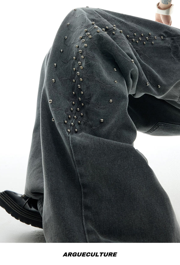 Studded Spine-Panel Washed Jeans — Gray - Pants — detail