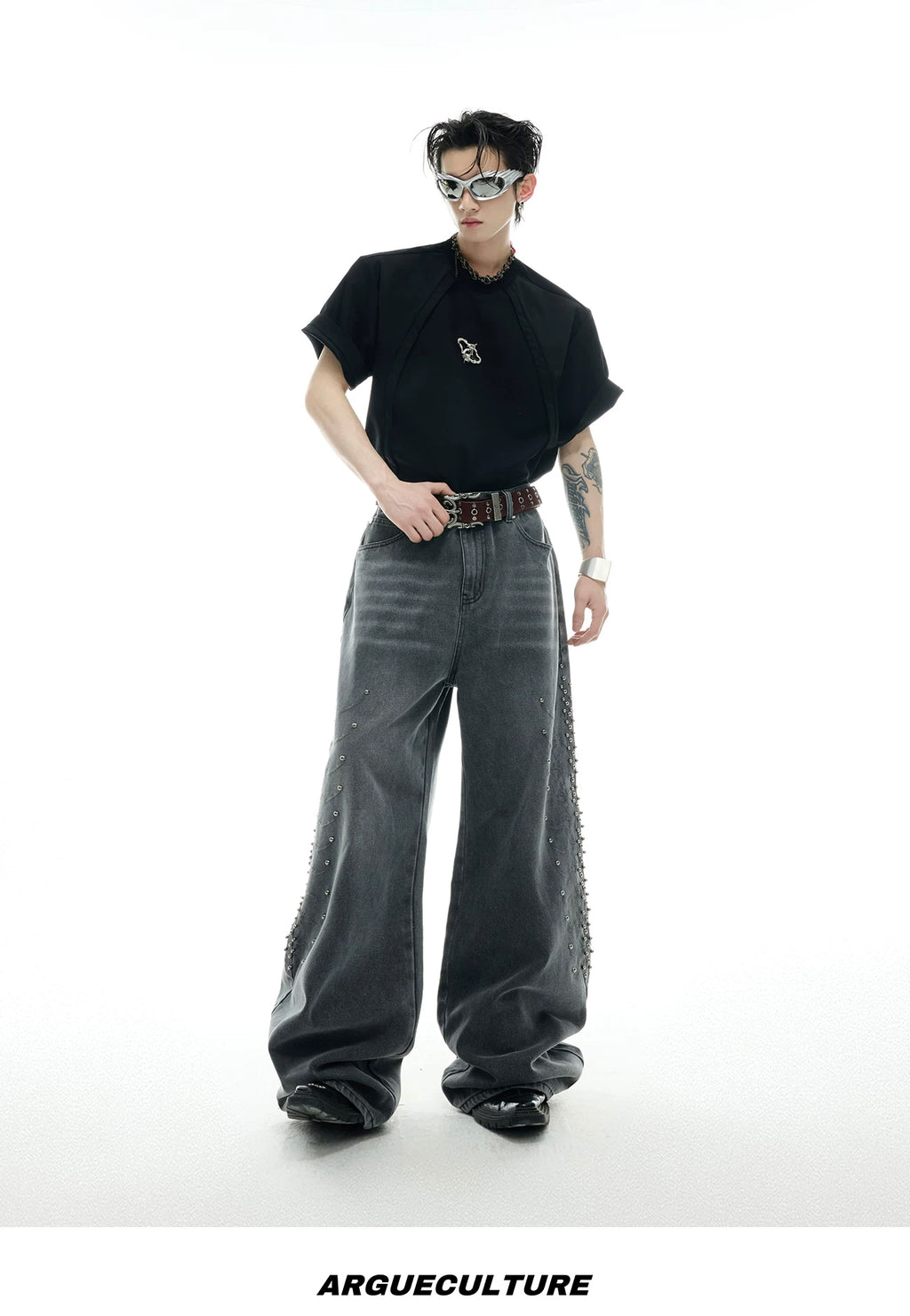 Studded Spine-Panel Washed Jeans — Gray - Pants — styling view 2