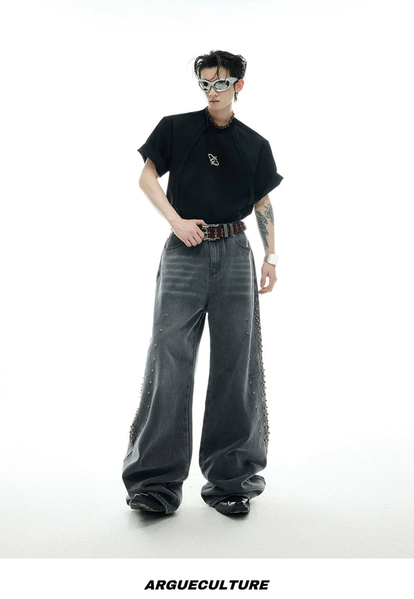 Studded Spine-Panel Washed Jeans — Gray - Pants — styling view 2