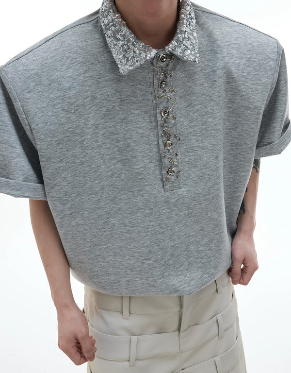 Sequin Square-Collar Pin-Detail Polo Shirt — Gray - T-Shirt — detail