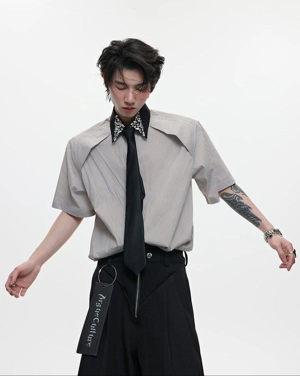 Rhinestone Stripe Tie-Collar Shirt — Khaki - Shirt — styling view 1