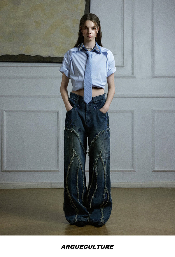 Rhinestone Stripe Tie-Collar Shirt — Blue - Shirt — styling view 2