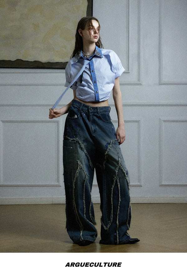 Rhinestone Stripe Tie-Collar Shirt — Blue - Shirt — styling view 3