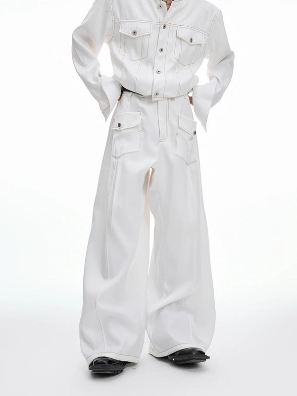 Pearl-Trim Contrast-Stitch Set — White - Pants — detail