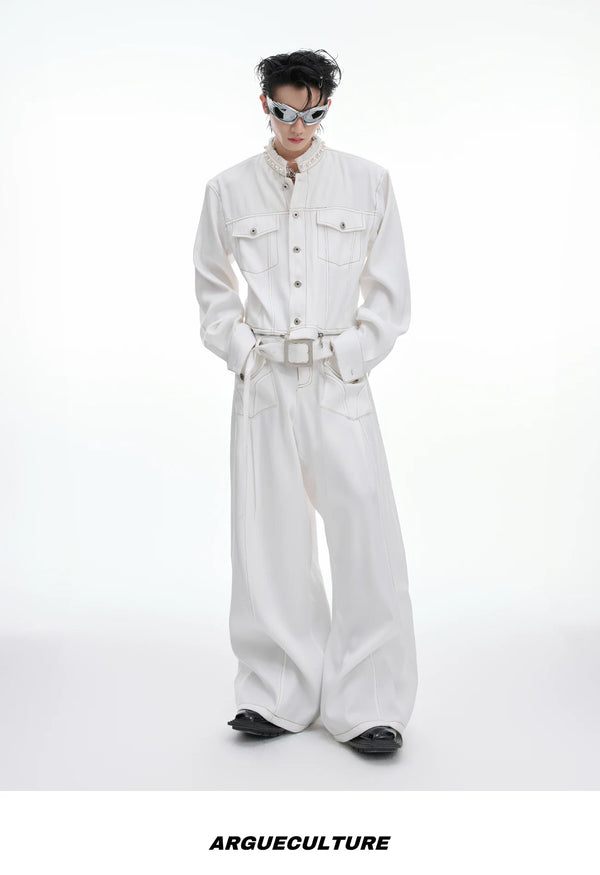 Pearl-Trim Contrast-Stitch Set — White - Top / White - Pants — styling
