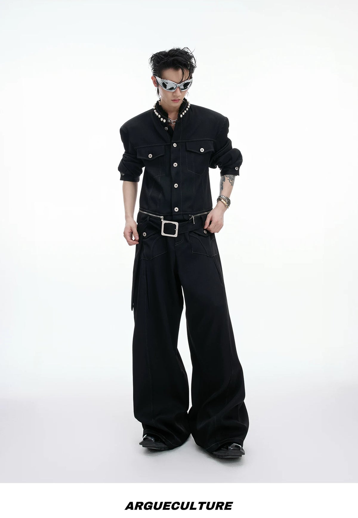 Pearl-Trim Contrast-Stitch Set — Black - Top / Black - Pants — styling