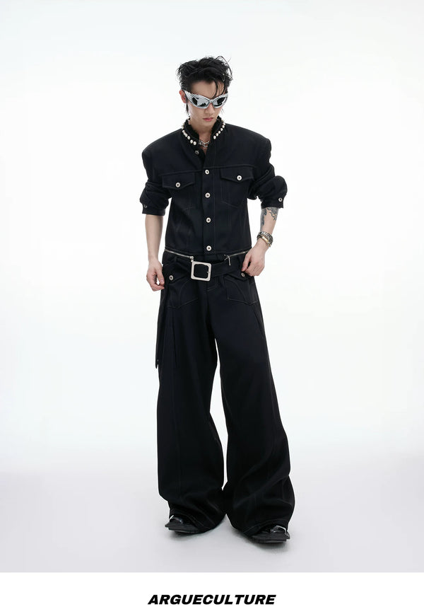Pearl-Trim Contrast-Stitch Set — Black - Top / Black - Pants — styling