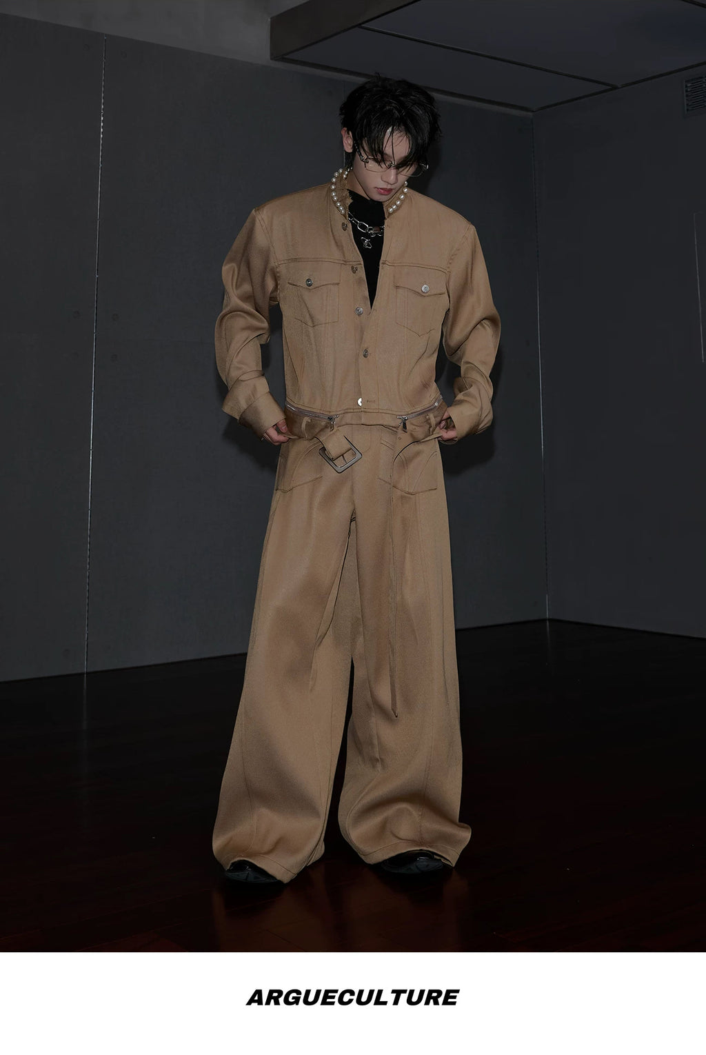 Pearl-Trim Contrast-Stitch Set — Dark Brown - Top / Dark Brown - Pants — styling view 2
