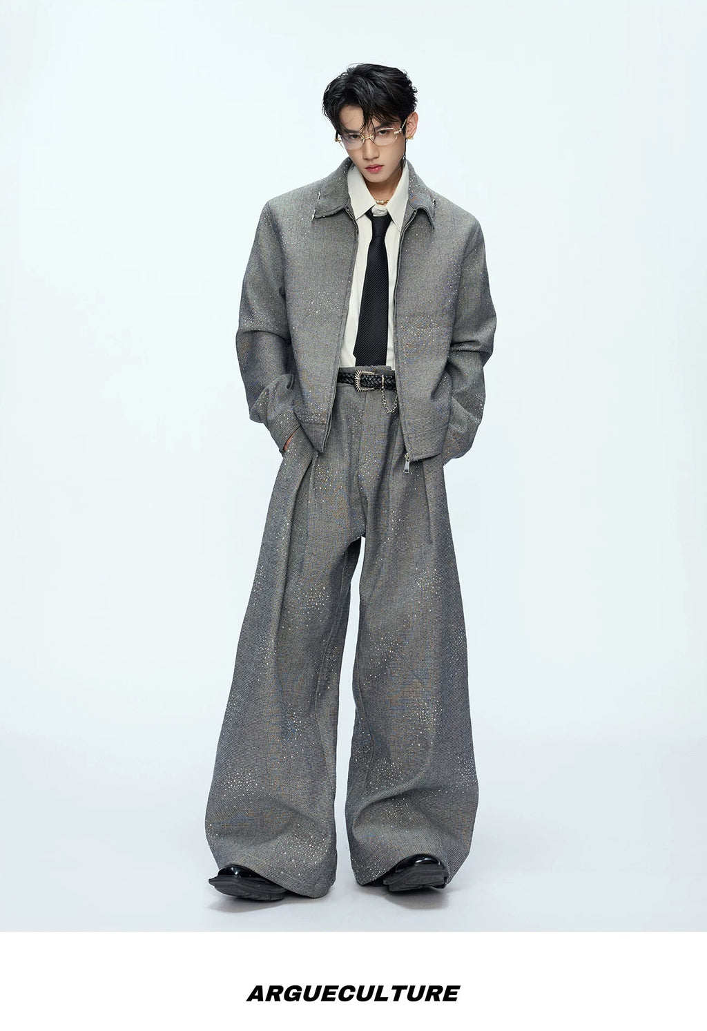 Rhinestone Shimmer Cropped Jacket and Wide-Leg Pants Set — Gray - Top / Gray - Pants — styling view 2