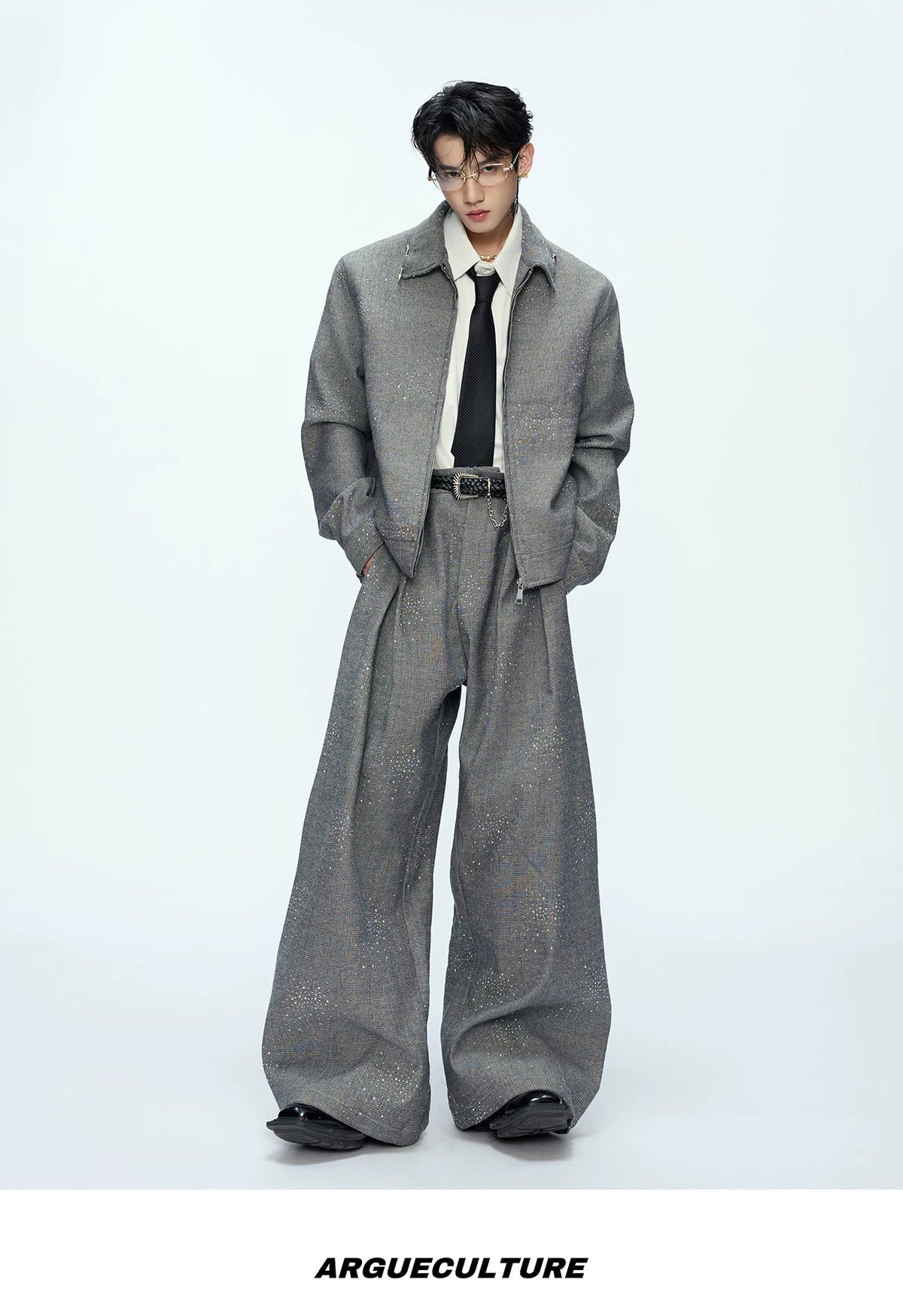 Rhinestone Shimmer Cropped Jacket and Wide-Leg Pants Set — Gray - Top / Gray - Pants — styling view 2