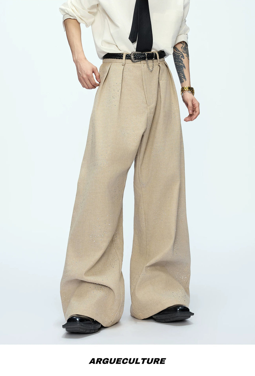 Rhinestone Shimmer Cropped Jacket and Wide-Leg Pants Set — Khaki - Pants — styling