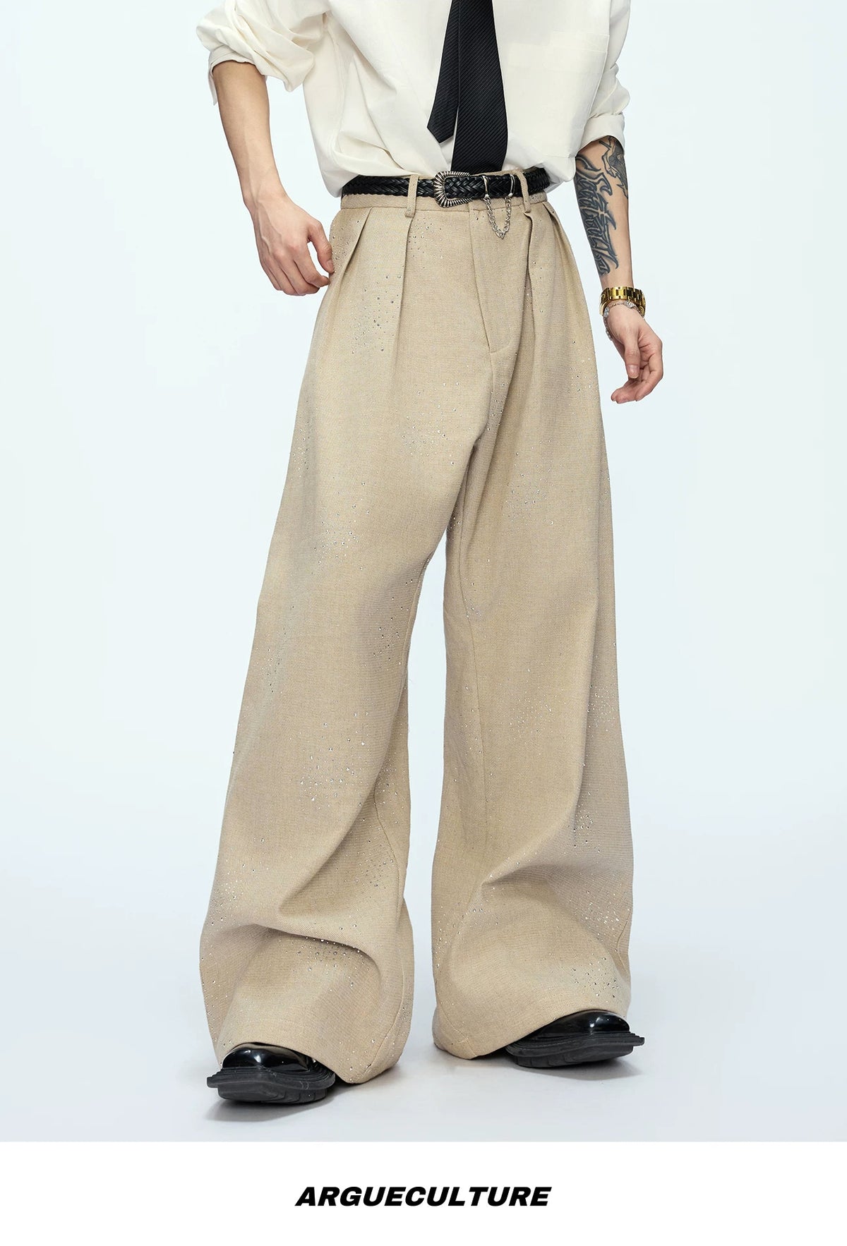 Rhinestone Shimmer Cropped Jacket and Wide-Leg Pants Set — Khaki - Pants — styling