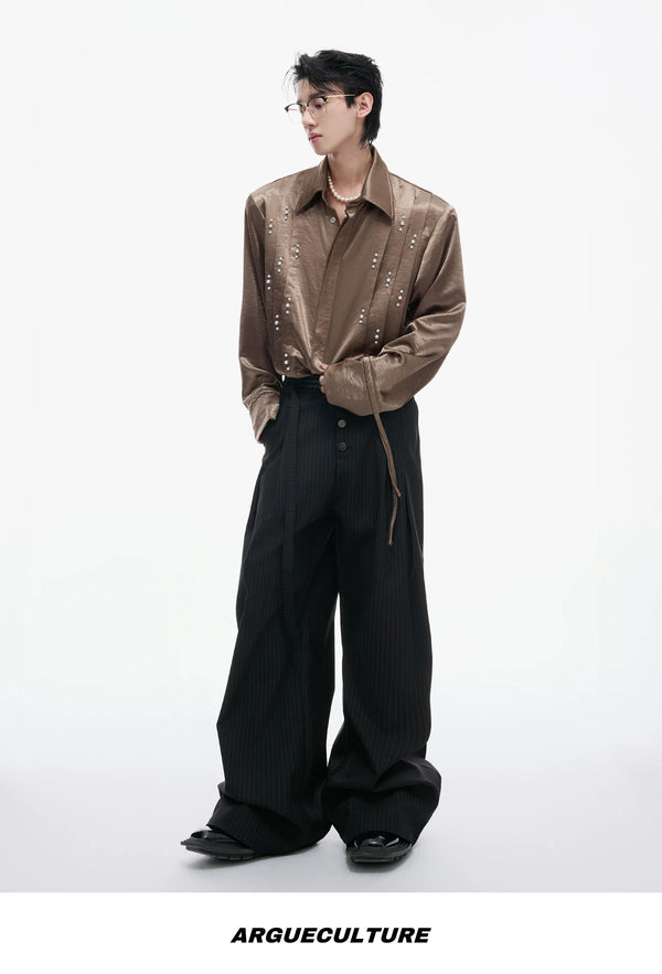 Pearl-Trim Tie-Neck Pleated Shirt — Brown - Top — styling view 2